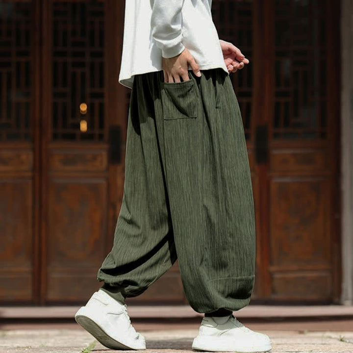 Buddha Stones Spring Casual Minimalist Drawstring Solid Vertical Stripes Cropped Pants Corduroy Men's Harem Pants With Pockets - image 3