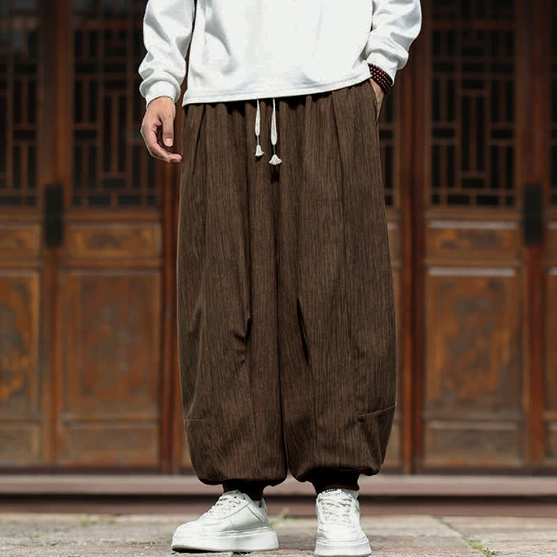 Buddha Stones Spring Casual Minimalist Drawstring Solid Vertical Stripes Cropped Pants Corduroy Men's Harem Pants With Pockets - image 35
