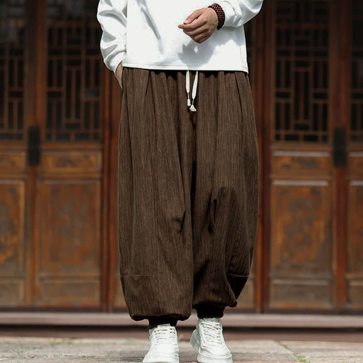 Buddha Stones Spring Casual Minimalist Drawstring Solid Vertical Stripes Cropped Pants Corduroy Men's Harem Pants With Pockets - image 34