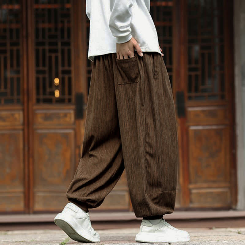 Buddha Stones Spring Casual Minimalist Drawstring Solid Vertical Stripes Cropped Pants Corduroy Men's Harem Pants With Pockets - image 32
