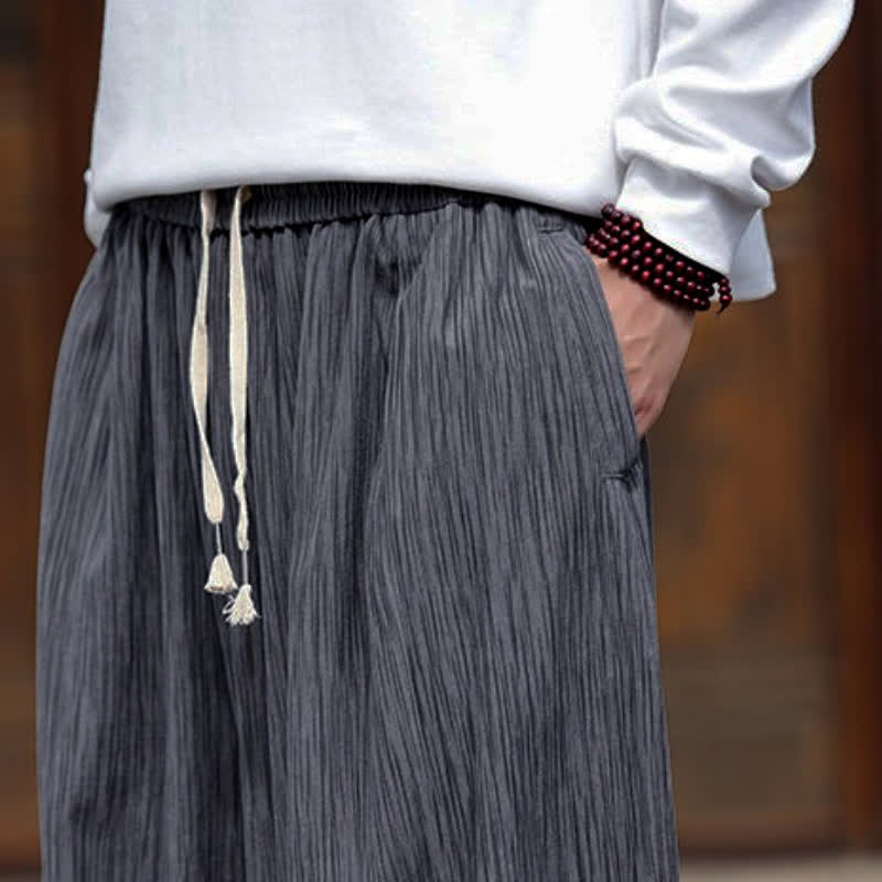 Buddha Stones Spring Casual Minimalist Drawstring Solid Vertical Stripes Cropped Pants Corduroy Men's Harem Pants With Pockets - image 18