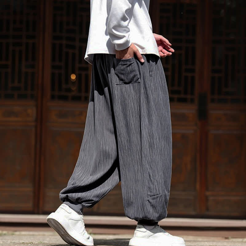 Buddha Stones Spring Casual Minimalist Drawstring Solid Vertical Stripes Cropped Pants Corduroy Men's Harem Pants With Pockets - image 10