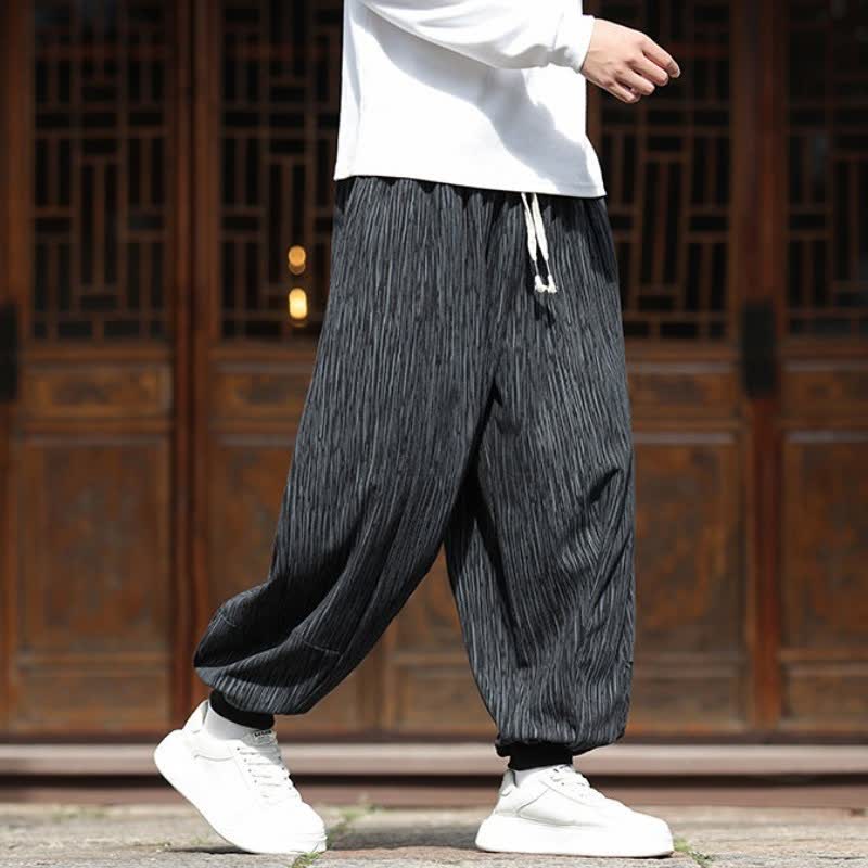 Buddha Stones Spring Casual Minimalist Drawstring Solid Vertical Stripes Cropped Pants Corduroy Men's Harem Pants With Pockets - image 21