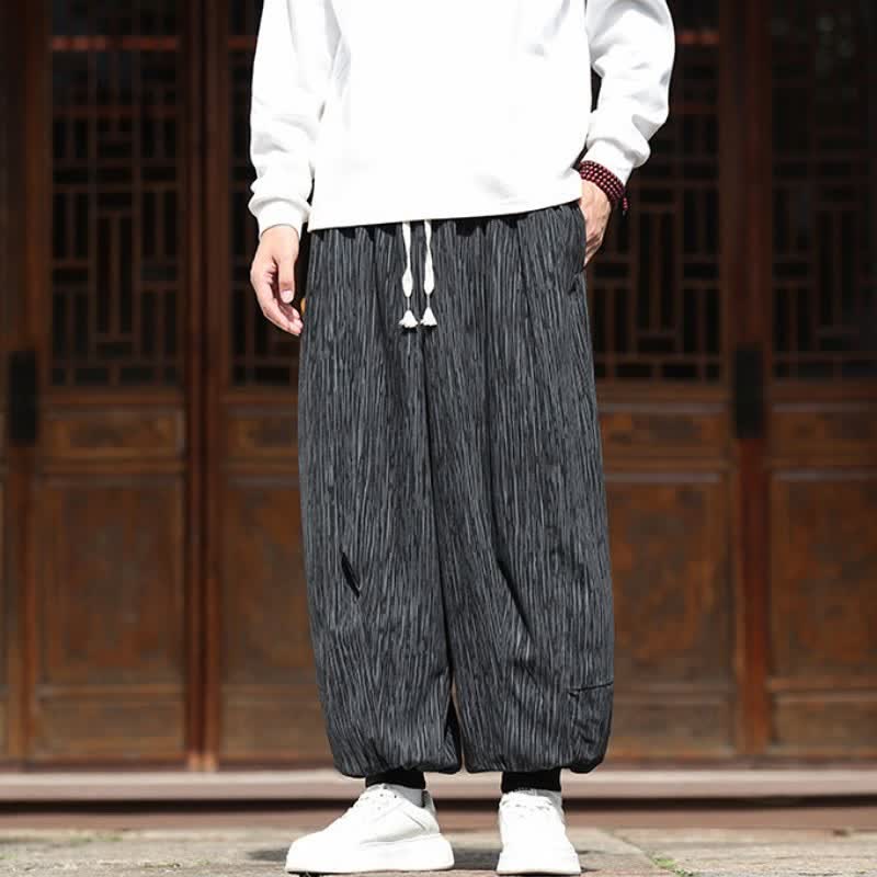 Buddha Stones Spring Casual Minimalist Drawstring Solid Vertical Stripes Cropped Pants Corduroy Men's Harem Pants With Pockets - image 25