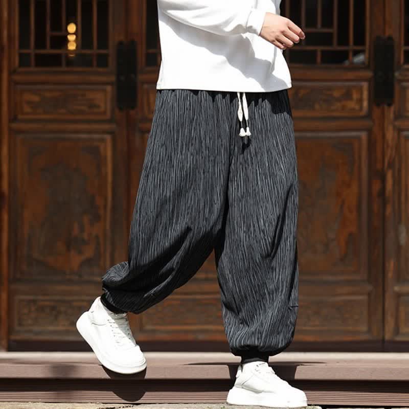 Buddha Stones Spring Casual Minimalist Drawstring Solid Vertical Stripes Cropped Pants Corduroy Men's Harem Pants With Pockets - image 26