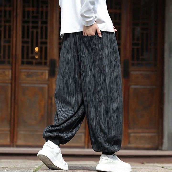 Buddha Stones Spring Casual Minimalist Drawstring Solid Vertical Stripes Cropped Pants Corduroy Men's Harem Pants With Pockets - image 24