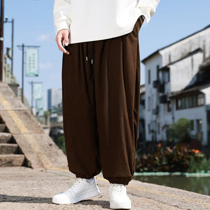 Buddha Stones Fall Winter Casual Drawstring Solid Cropped Pants Corduroy Men's Harem Pants With Pocket - image 4