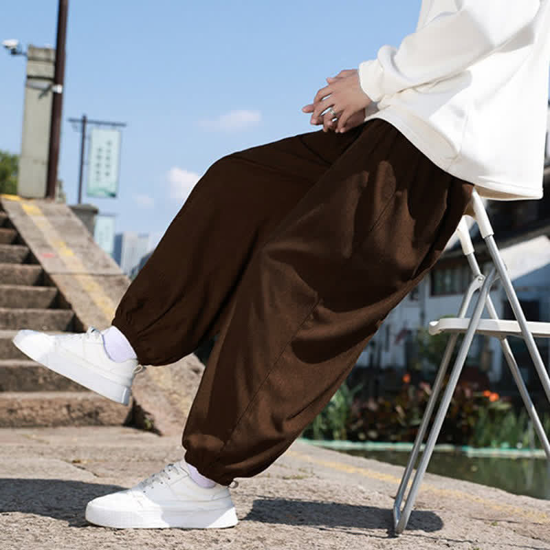 Buddha Stones Fall Winter Casual Drawstring Solid Cropped Pants Corduroy Men's Harem Pants With Pocket - image 9