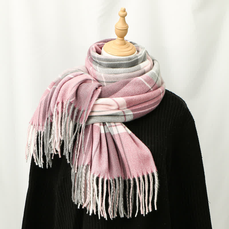 Buddha Stones Fall Winter Classic Plaid Tassel Cozy Men's Scarf - Pink - image 1