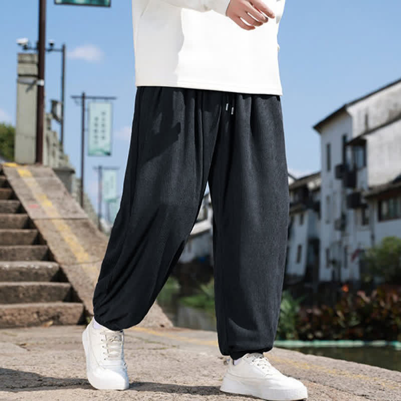 Buddha Stones Fall Winter Casual Drawstring Solid Cropped Pants Corduroy Men's Harem Pants With Pocket - image 12