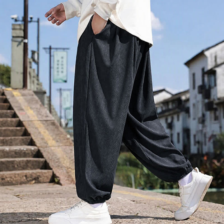 Buddha Stones Fall Winter Casual Drawstring Solid Cropped Pants Corduroy Men's Harem Pants With Pocket - image 13