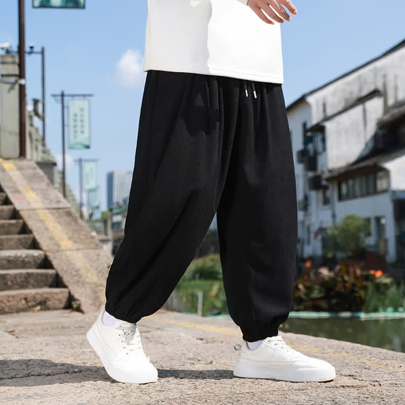 Buddha Stones Fall Winter Casual Drawstring Solid Cropped Pants Corduroy Men's Harem Pants With Pocket - Black - US/UK/AU46, EU56 (5XL) - image 19