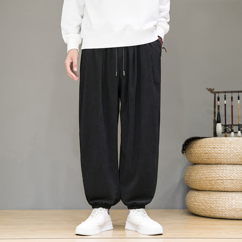Buddha Stones Fall Winter Casual Drawstring Solid Cropped Pants Corduroy Men's Harem Pants With Pocket - image 24