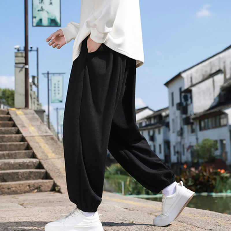 Buddha Stones Fall Winter Casual Drawstring Solid Cropped Pants Corduroy Men's Harem Pants With Pocket - image 28