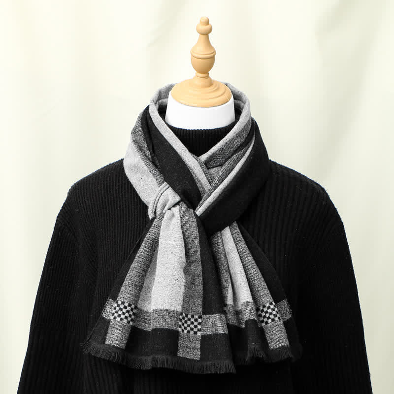 Buddha Stones Fall Winter Vintage Check Fringe Soft Men's Scarf - Black - image 4