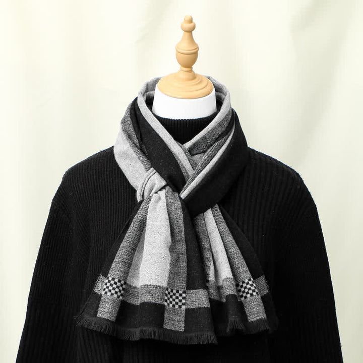 Buddha Stones Fall Winter Vintage Check Fringe Soft Men's Scarf - Black - image 4