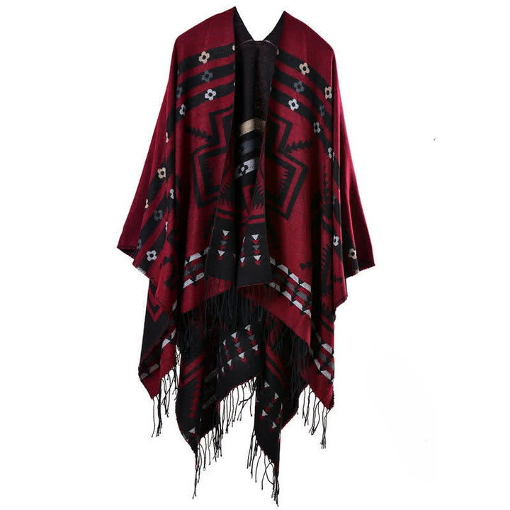 Buddha Stones Fall Winter Geometric Diamond Tassel Bohemian Women's Shawl - DarkRed - image 12