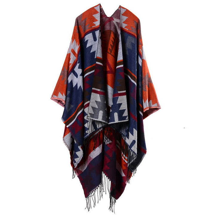 Buddha Stones Fall Winter Geometric Diamond Tassel Bohemian Women's Shawl - OrangeRed - image 24