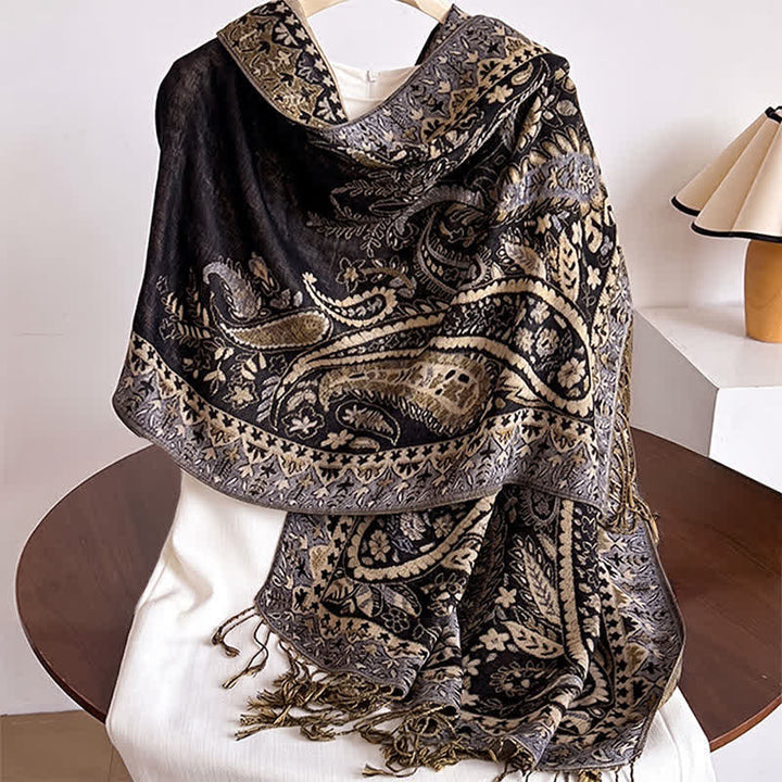 Buddha Stones Fall Winter Vintage Paisley Floral Tassel Women's Shawl - Black - image 4