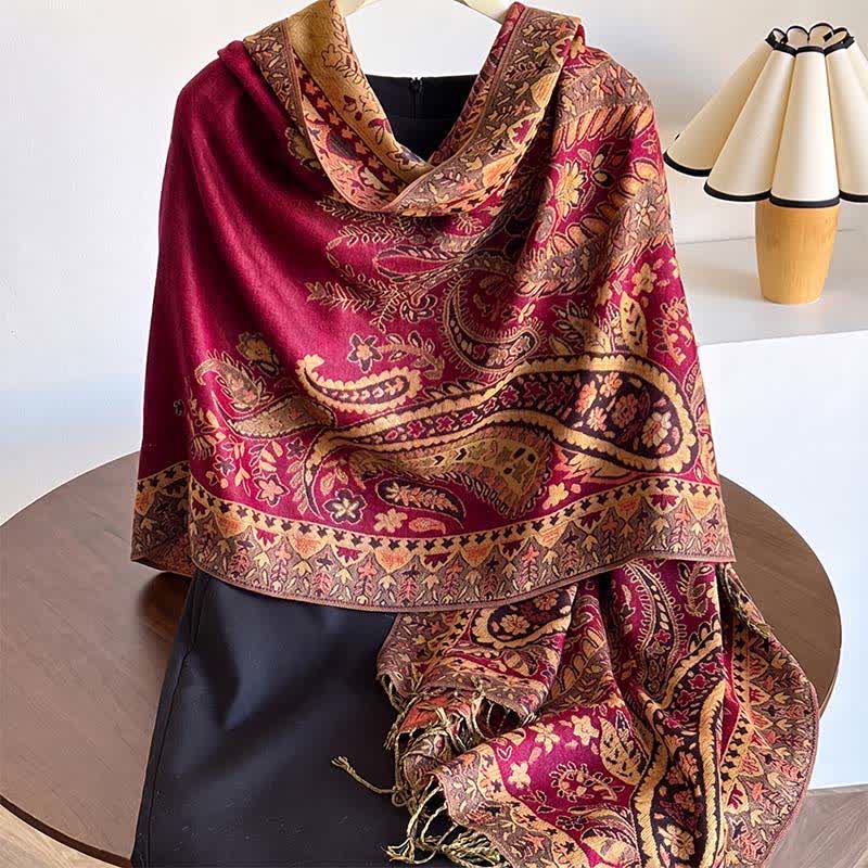 Buddha Stones Fall Winter Vintage Paisley Floral Tassel Women's Shawl - Crimson - image 2