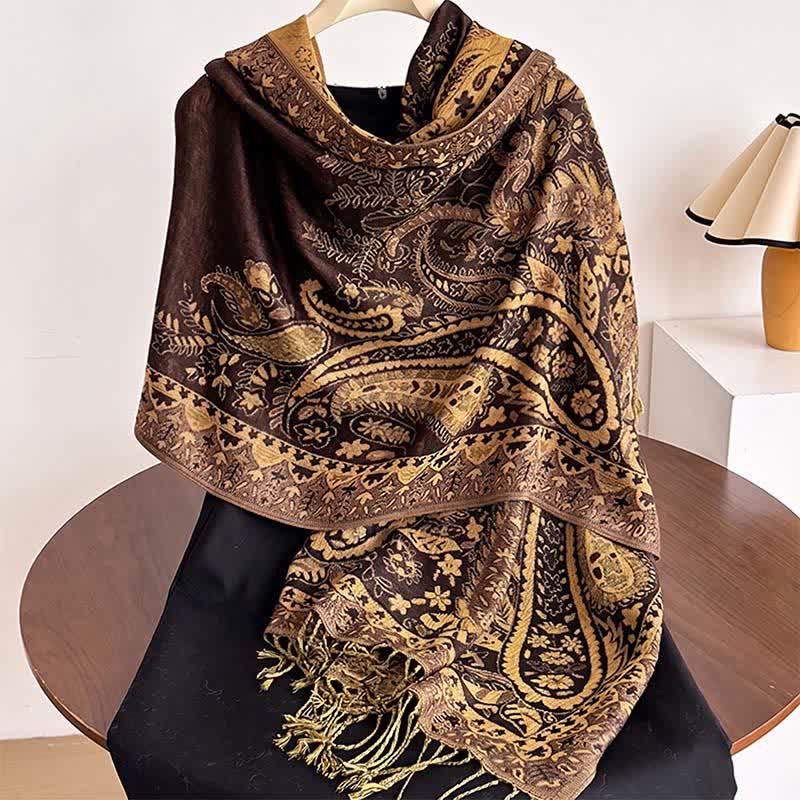 Buddha Stones Fall Winter Vintage Paisley Floral Tassel Women's Shawl - SaddleBrown - image 13
