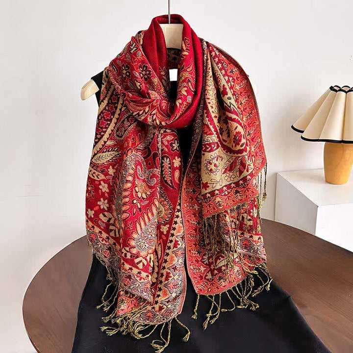 Buddha Stones Fall Winter Vintage Paisley Floral Tassel Women's Shawl - FireBrick - image 12