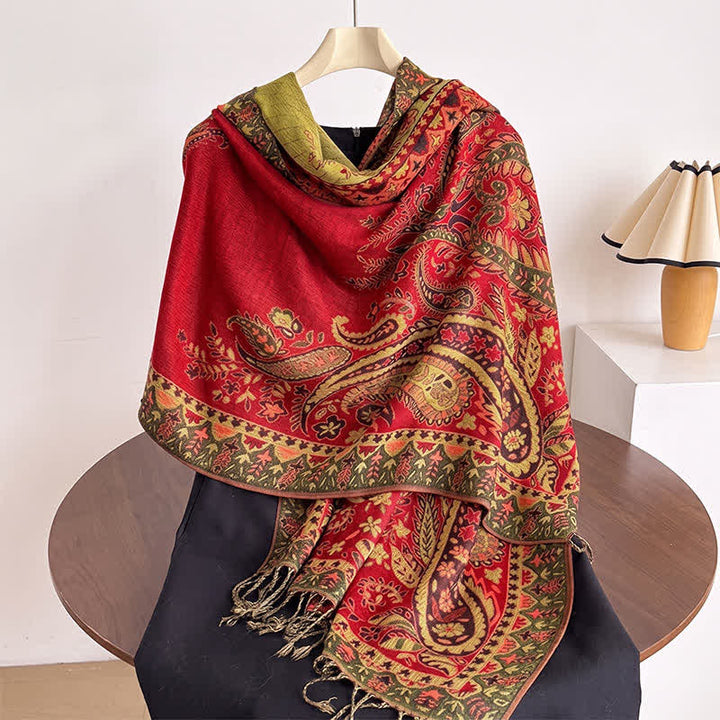 Buddha Stones Fall Winter Vintage Paisley Floral Tassel Women's Shawl - Red - image 10