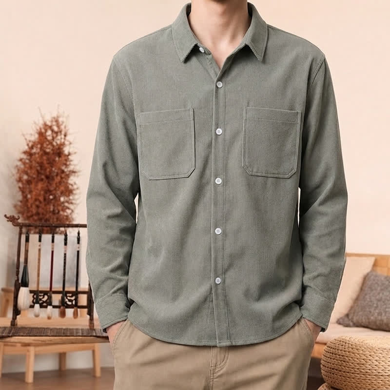 Buddha Stones Fall Casual Solid Corduroy Men's Long Sleeve Shirts With Patch Pockets - Gray - US/UK/AU44, EU54 (4XL) - image 8