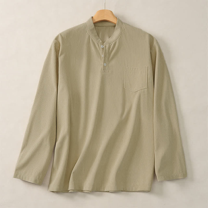 Buddha Stones Fall Winter Casual Tang Style Mandarin Collar Solid Corduroy Men's Long Sleeve Shirts With Patch Pocket - image 1