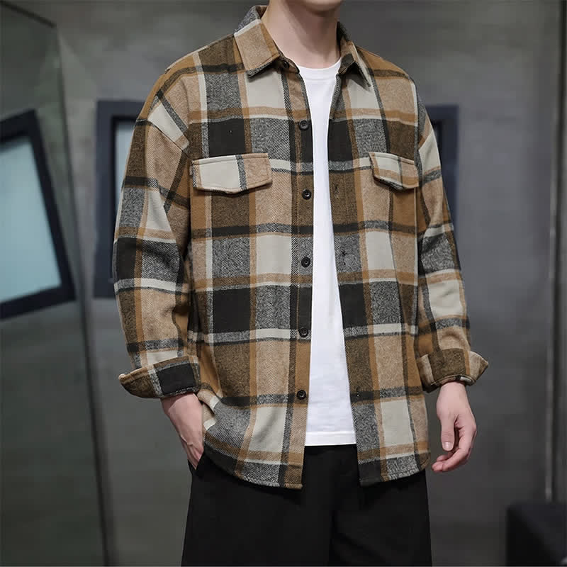 Buddha Stones Spring Fall Casual Vintage Button-Up Plaid Men's Long Sleeve Shirts - DarkGoldenrod - US/UK/AU42, EU52 (3XL) - image 0