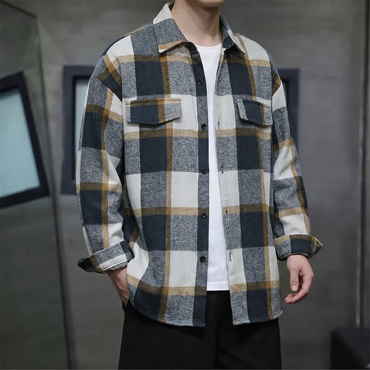 Buddha Stones Spring Fall Casual Vintage Button-Up Plaid Men's Long Sleeve Shirts - MidnightBlue - US/UK/AU42, EU52 (3XL) - image 10