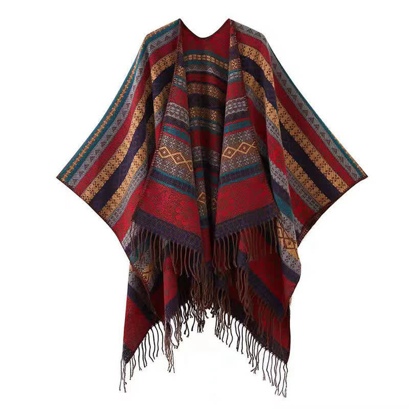 Buddha Stones Fall Winter Boho Geometric Stripes Tassel Cozy Women's Shawl - DarkRed - image 10