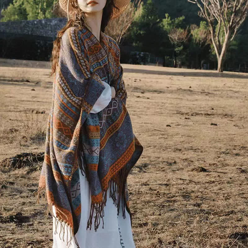 Buddha Stones Fall Winter Boho Geometric Stripes Tassel Cozy Women's Shawl - image 6