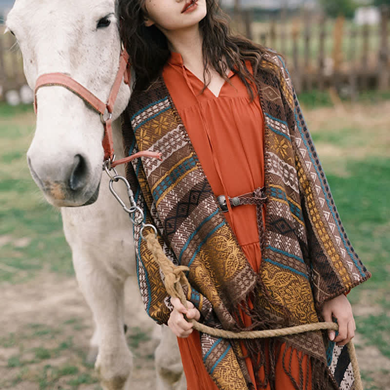 Buddha Stones Fall Winter Boho Geometric Stripes Tassel Cozy Women's Shawl - image 15