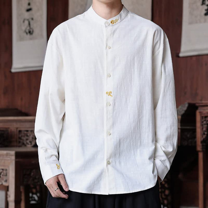 Buddha Stones Spring Summer Tang Style Minimalist Mandarin Collar Embroidery Solid Men's Long Sleeve Shirts - White - US/UK/AU46，EU56 (5XL) - image 0