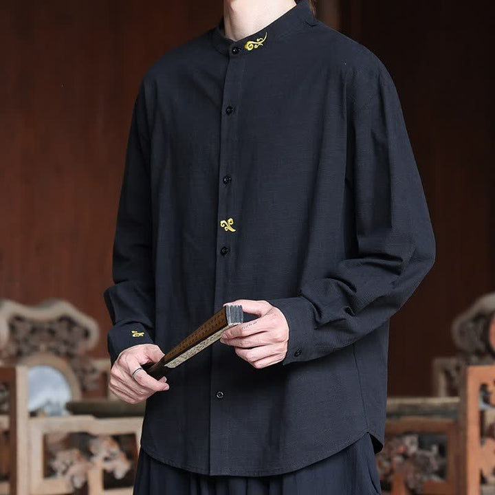 Buddha Stones Spring Summer Tang Style Minimalist Mandarin Collar Embroidery Solid Men's Long Sleeve Shirts - image 15