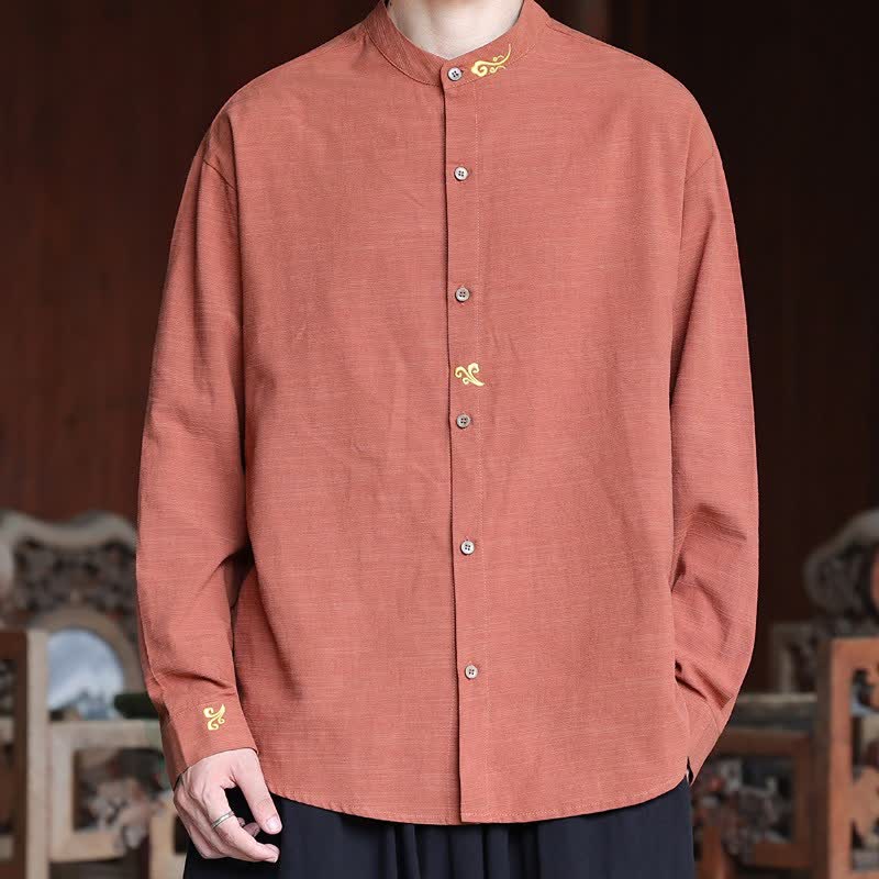 Buddha Stones Spring Summer Tang Style Minimalist Mandarin Collar Embroidery Solid Men's Long Sleeve Shirts - IndianRed - US/UK/AU46，EU56 (5XL) - image 5
