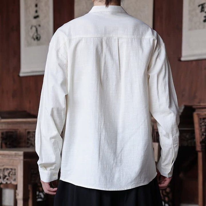 Buddha Stones Spring Summer Tang Style Minimalist Mandarin Collar Embroidery Solid Men's Long Sleeve Shirts - image 2