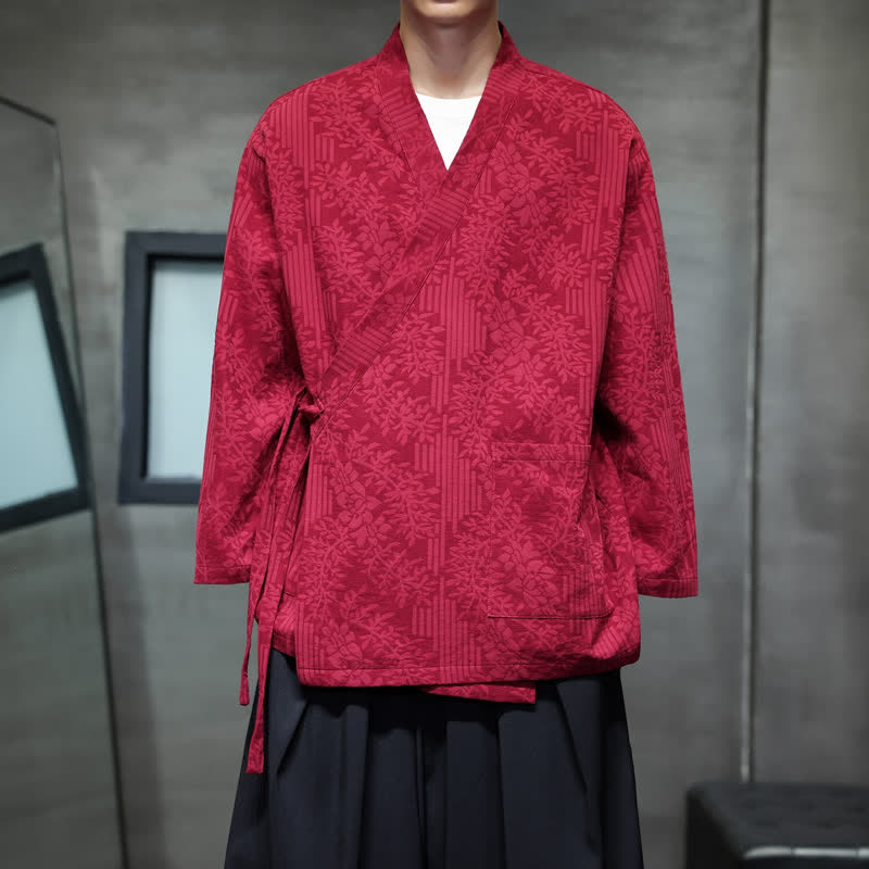 Buddha Stones Fall Winter Tang Style Casual Drawstring Floral Men's Kimonos - FireBrick - US/UK/AU48，EU58 (4XL) - image 16