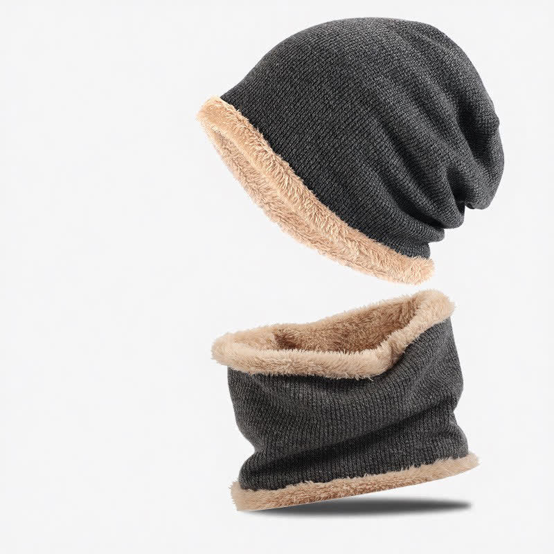 Buddha Stones 2Pcs Fall Winter Knit Plush Lined Slouchy Neck Warmer Men's Scarf Hat - DimGray - image 0