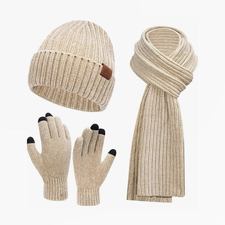 Buddha Stones 3Pcs Fall Winter Ribbed Knit Cozy Women's Scarf Hat Gloves - Beige - image 4