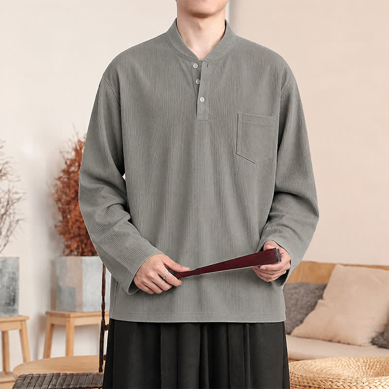 Buddha Stones Fall Winter Casual Tang Style Mandarin Collar Solid Corduroy Men's Long Sleeve Shirts With Patch Pocket - Gray - US/UK/AU44, EU54 (4XL) - image 8