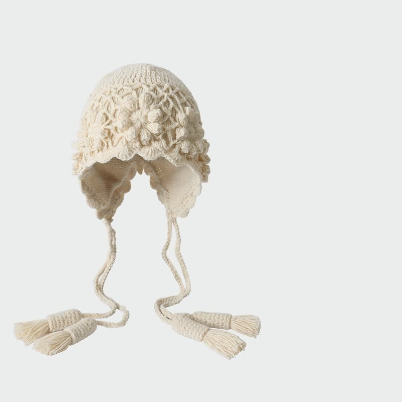 Buddha Stones Fall Winter Knit Floral Tassel Earflap Women's Hat - Beige - One Size (56-60cm) - image 9