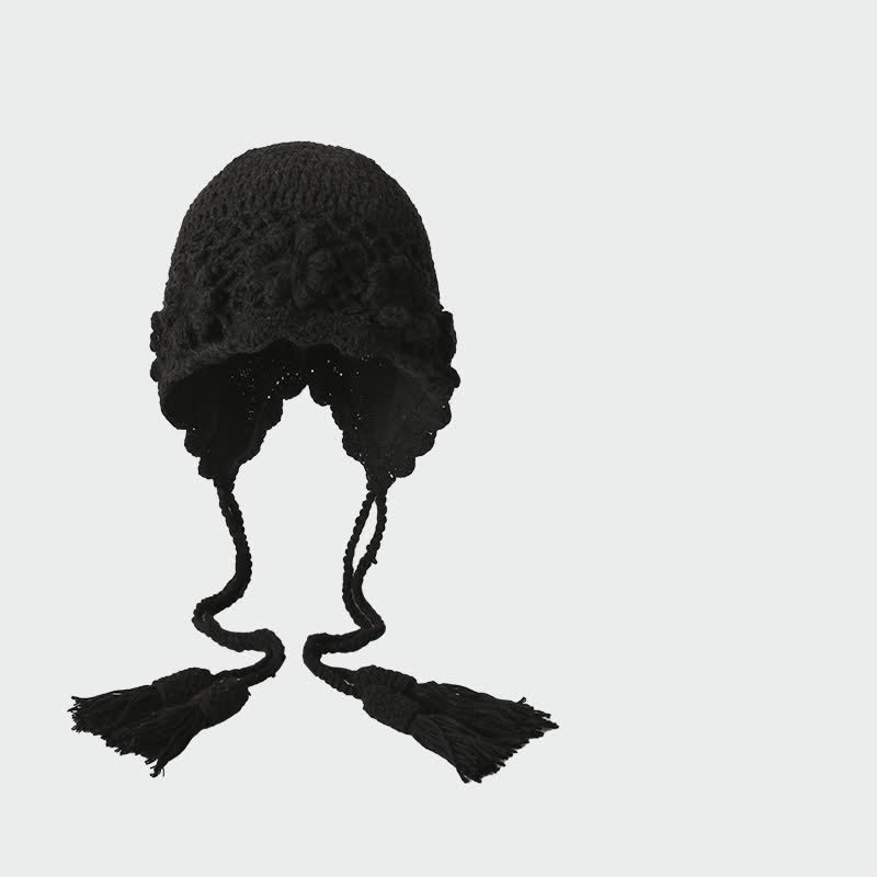 Buddha Stones Fall Winter Knit Floral Tassel Earflap Women's Hat - Black - One Size (56-60cm) - image 7