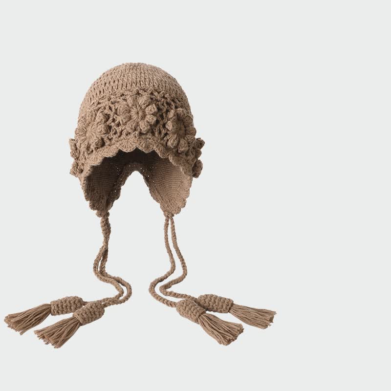 Buddha Stones Fall Winter Knit Floral Tassel Earflap Women's Hat - Tan - One Size (56-60cm) - image 1