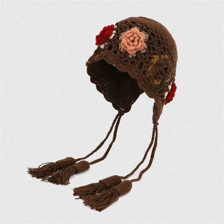 Buddha Stones Fall Winter Floral Tassel Earflap Crochet Women's Hat - SaddleBrown - One Size(54-62cm) - image 5