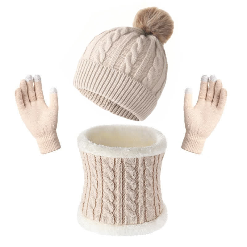 Buddha Stones 3Pcs Fall Winter Cable Knit Design Fleece Lined Cozy Neck Warmer Women's Scarf Gloves - Ivory - image 9