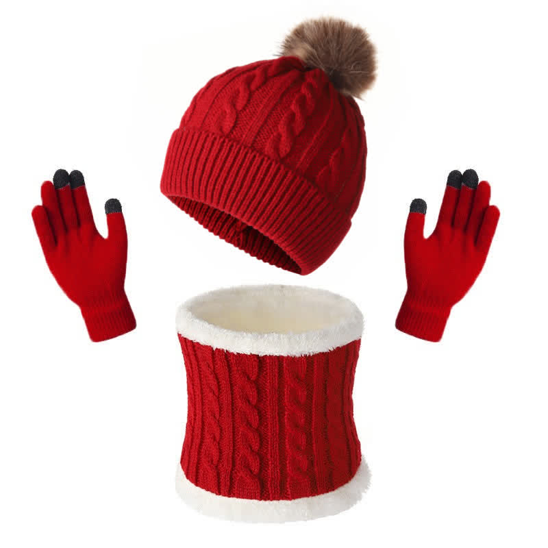 Buddha Stones 3Pcs Fall Winter Cable Knit Design Fleece Lined Cozy Neck Warmer Women's Scarf Gloves - Firebrick - image 6