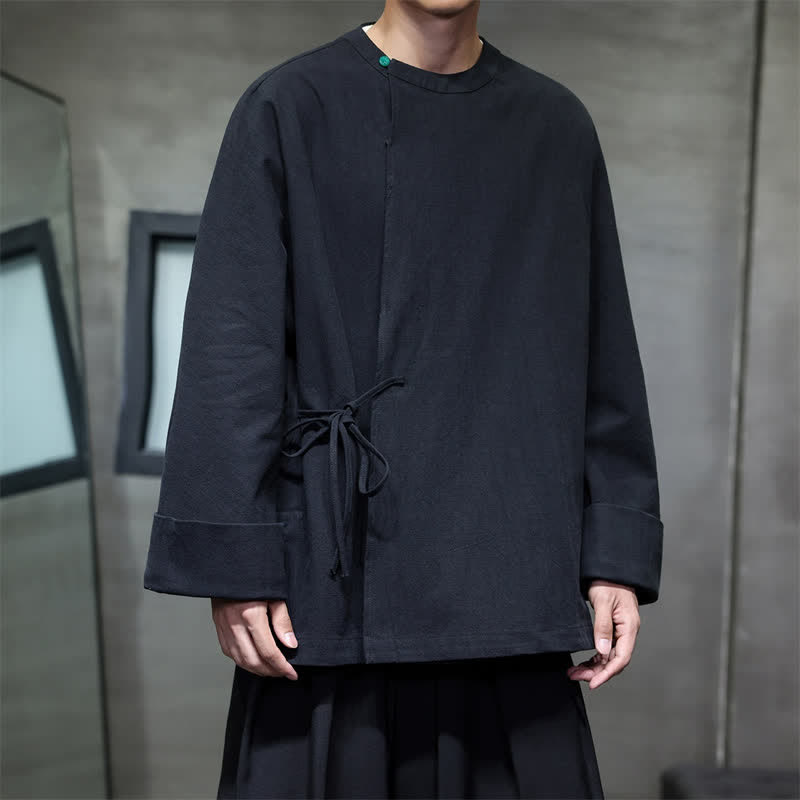 Buddha Stones Fall Tang Style Minimalist Lace-up Solid Men's Long Sleeve Shirts - Black - US/UK/AU48，EU58 (4XL) - image 17