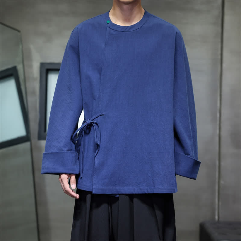 Buddha Stones Fall Tang Style Minimalist Lace-up Solid Men's Long Sleeve Shirts - image 11